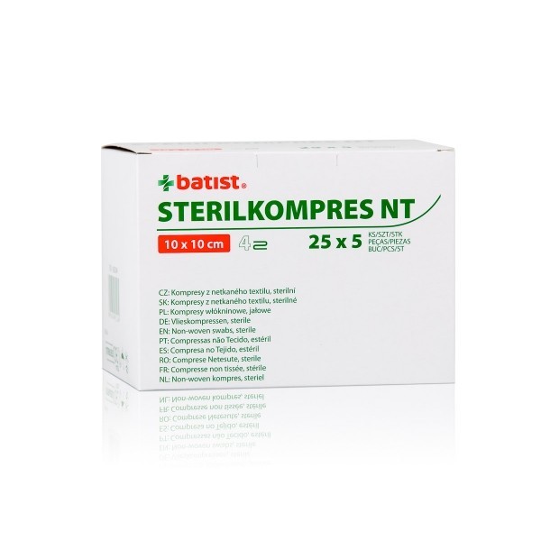 Kompresy netkaný textil sterilné, Sterilkompres NT 10cm x 10cm, 4vrstvy (bal.25x5ks)