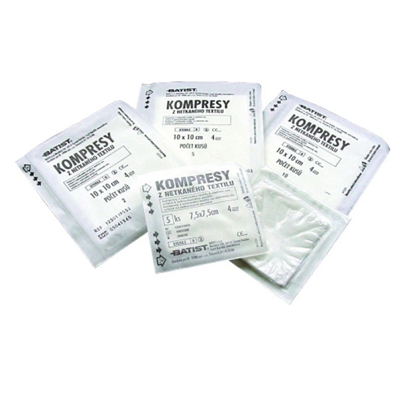 Kompresy z netkaného textilu, sterilné, 7,5 x 7,5 cm, 4vr., 100 x 5 ks