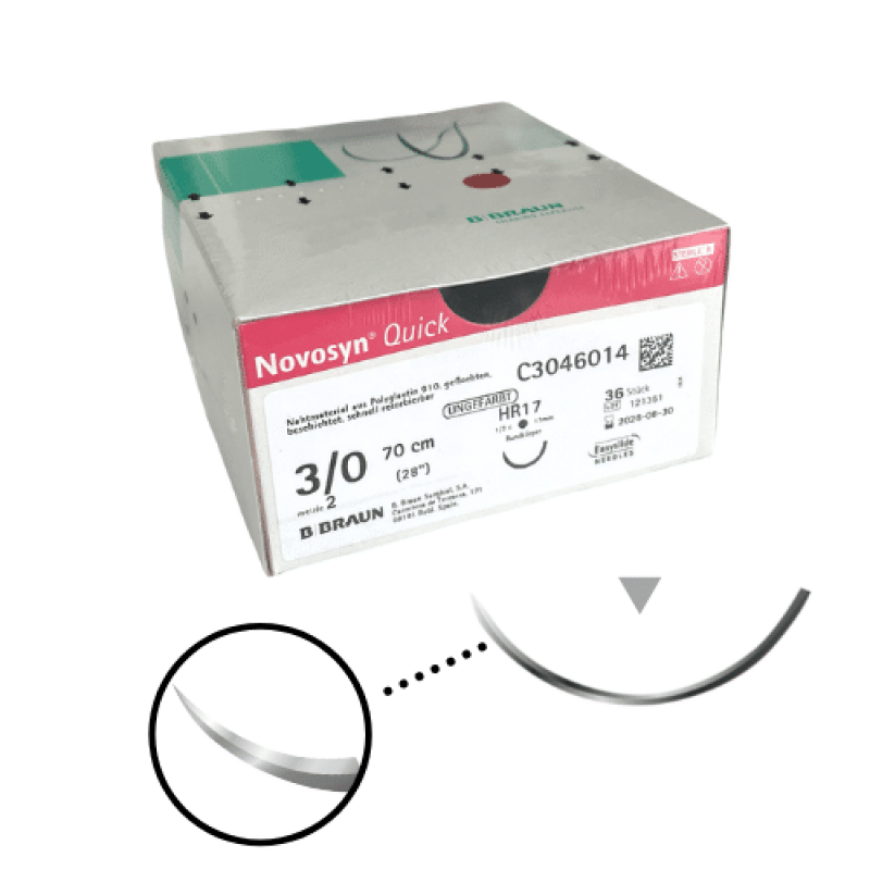 Novosyn Quick bezbarvý, 4/0(1,5), 70 CM, HR17, 36 ks