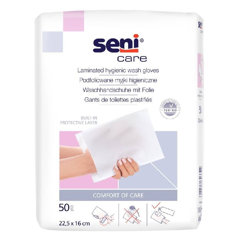 Seni Care jednorazové umývacie žinky pre dospelých s fóliou, 50 ks