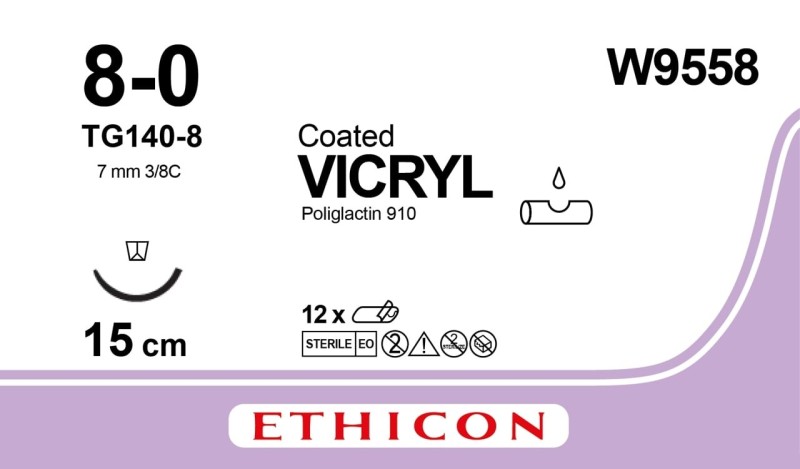 Vicryl Coated fialový 8/0 15 cm, TG140-8, 12 ks