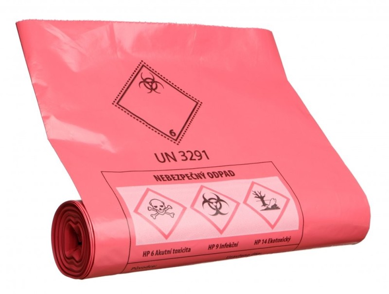 Vrece na nebezpečný odpad LDPE 50 x 60 cm 30 l T100, červené s potlačou, 25 ks