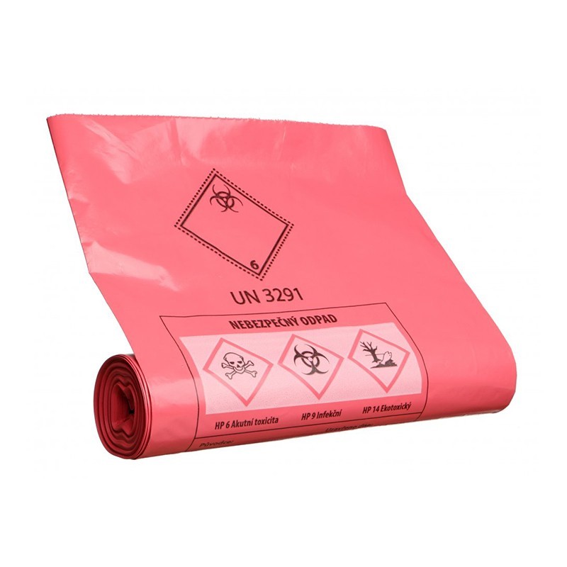 Vrece na nebezpečný odpad LDPE 70 x 110 cm 120 l T100, červené s potlačou 10 ks/rolka