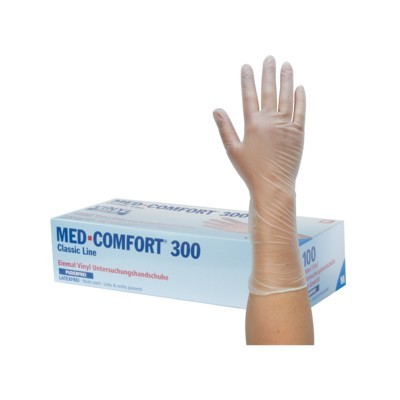 Vyšetřovací rukavice Med Comfort 300 vinyl, nepudrované, prodloužené, bílé, vel. S, 100 ks