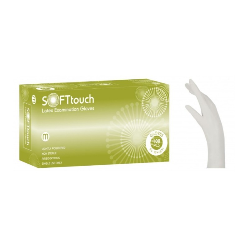 Vyšetřovací rukavice Soft Touch, latex, pudrované, bílé, 100 ks