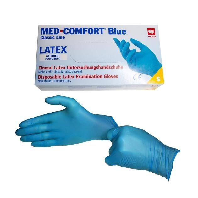 Vyšetrovacie rukavice Med Comfort latex, púdrované, modré, veľ. XL, 100 ks
