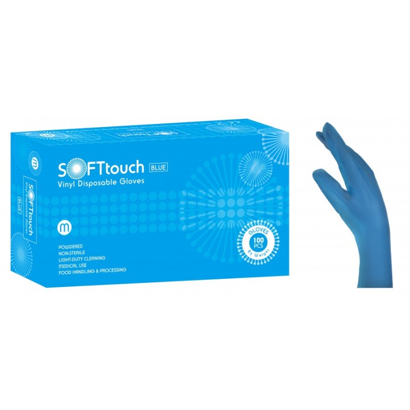 Vyšetrovacie rukavice Soft Touch, vinyl, púdrované, modré, 100 ks