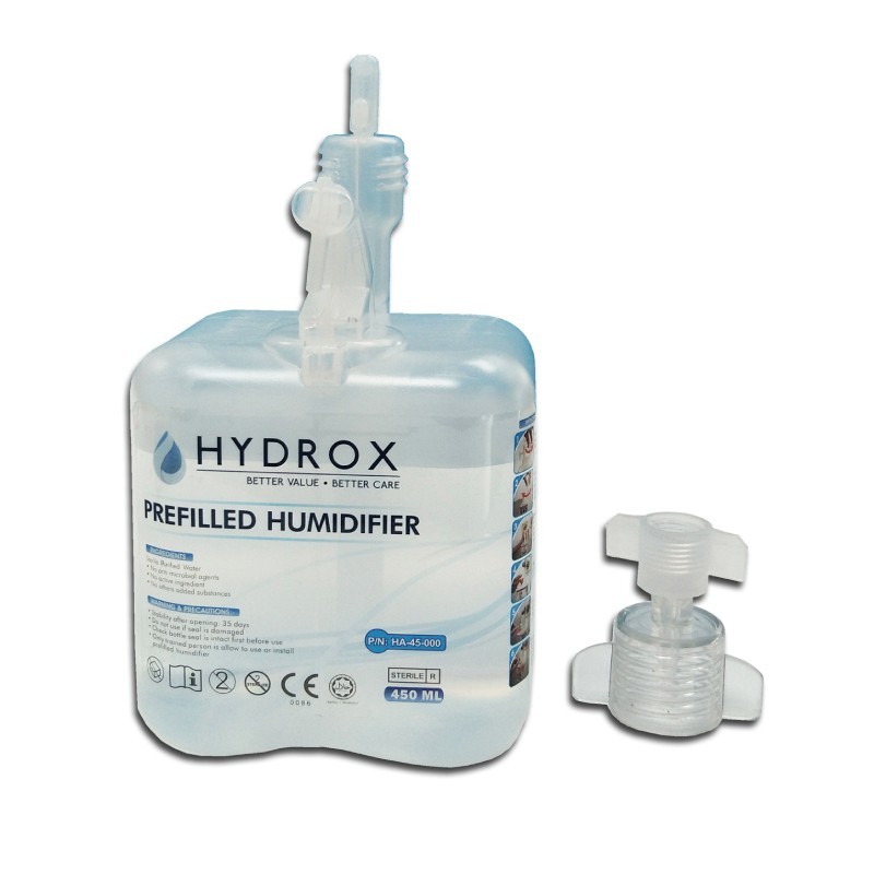 Zvlhčovač kyslíku Hydrox se sterilní vodou, s adaptérem (hlavicí), 500 ml